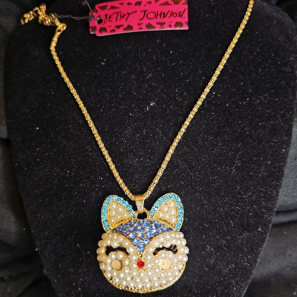 Betsey Johnson Gold and Blue Cat Face Necklace